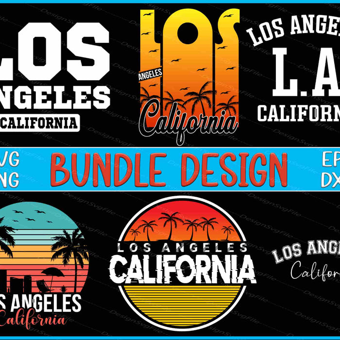 Collection of Los Angeles-themed designs with text and graphics on a black background.