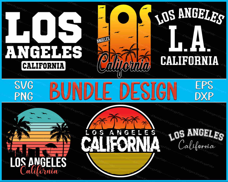 Collection of Los Angeles-themed designs with text and graphics on a black background.
