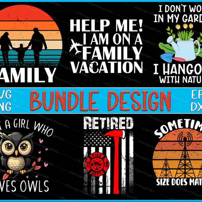 Collection of various graphic designs with text and icons on a black background.