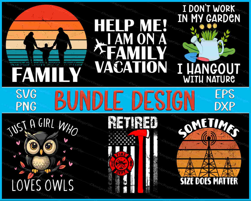 Collection of various graphic designs with text and icons on a black background.