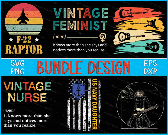 Vintage feminist and nurse bundle design with graphics and text on a black and blue background.