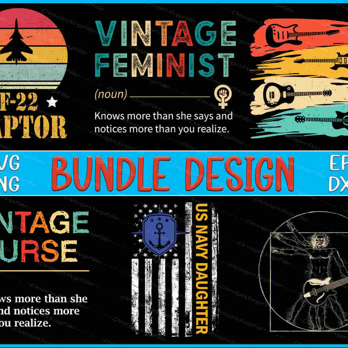 Vintage feminist and nurse bundle design with graphics and text on a black and blue background.
