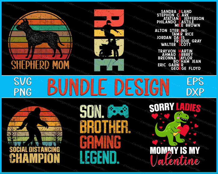 Collection of graphic designs with text and silhouettes on a black background, featuring various phrases and icons.