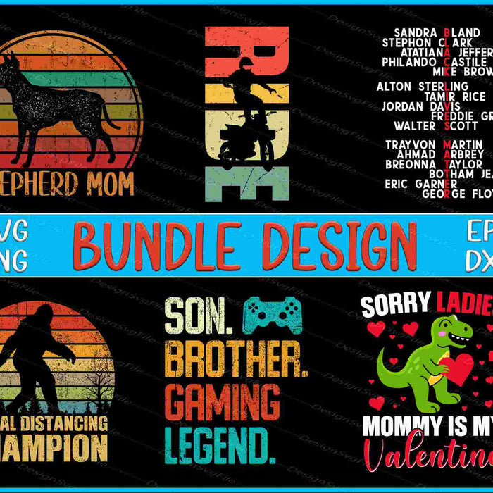 Collection of graphic designs with text and silhouettes on a black background, featuring various phrases and icons.