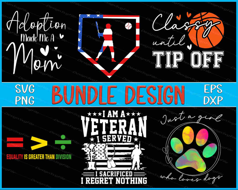 Collection of various design bundles with text and graphics on a black background.