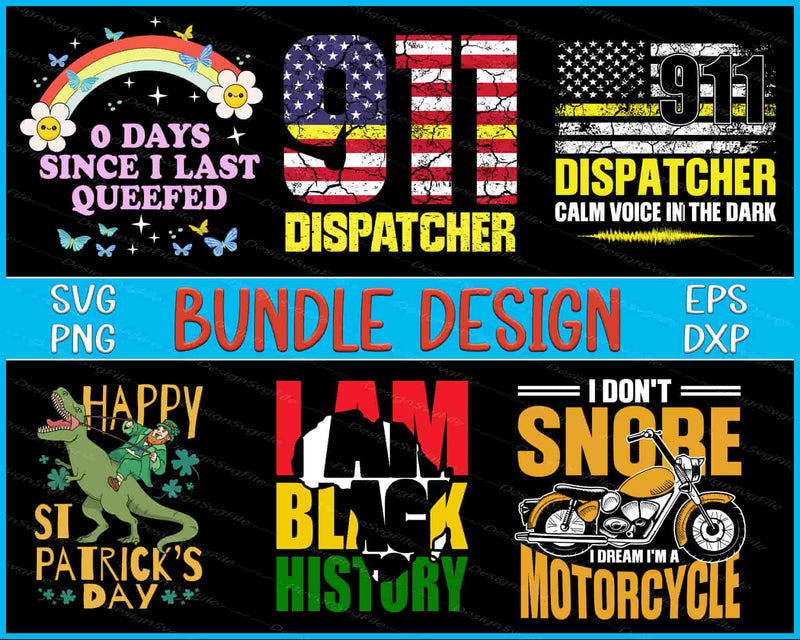 Collection of various graphic designs with text and icons on a black background.