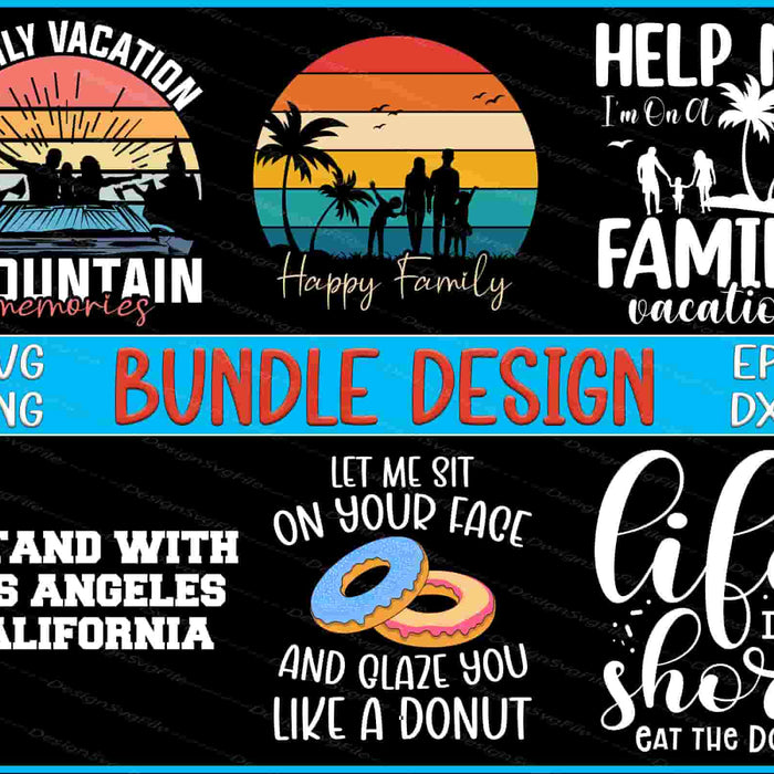 Collection of family-themed SVG designs with sunset, beach, and humorous text on a black background.