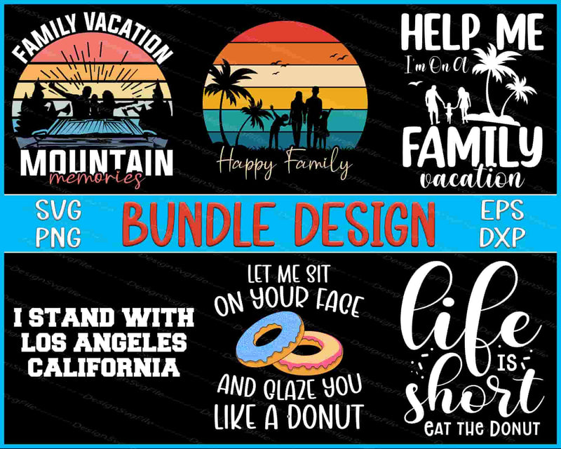 Collection of family-themed SVG designs with sunset, beach, and humorous text on a black background.