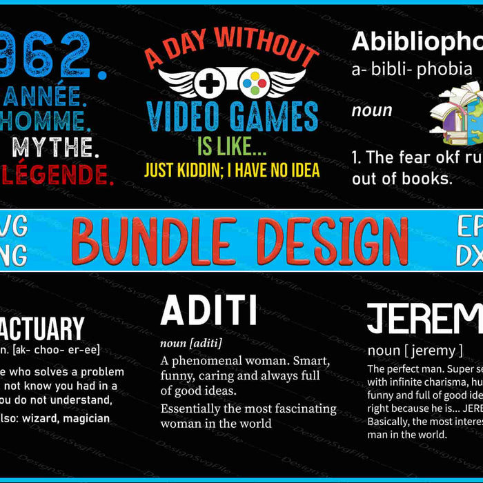 Collection of text-based graphics with definitions, phrases, and design bundles on a black background.