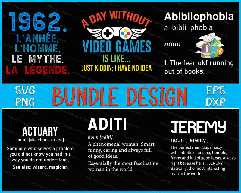 Collection of text-based graphics with definitions, phrases, and design bundles on a black background.