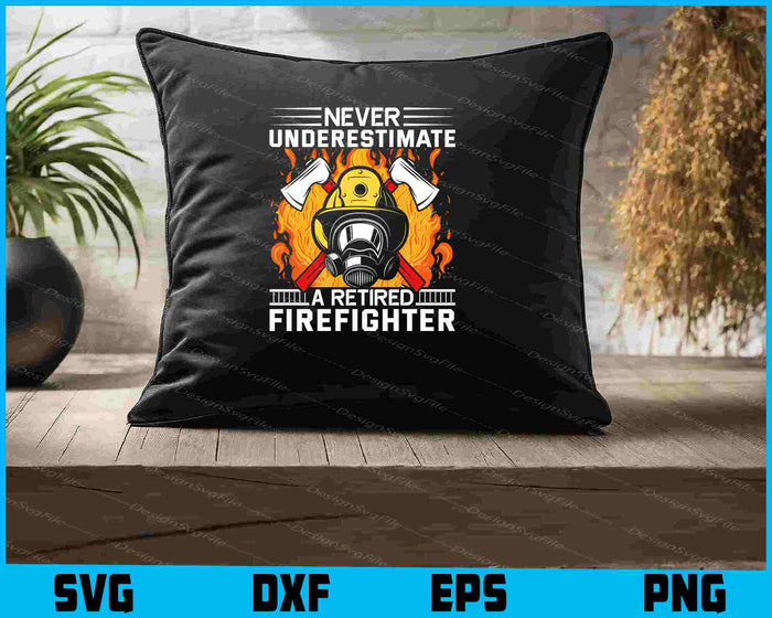 Collection of retired firefighter-themed graphics with text and icons on a black background.