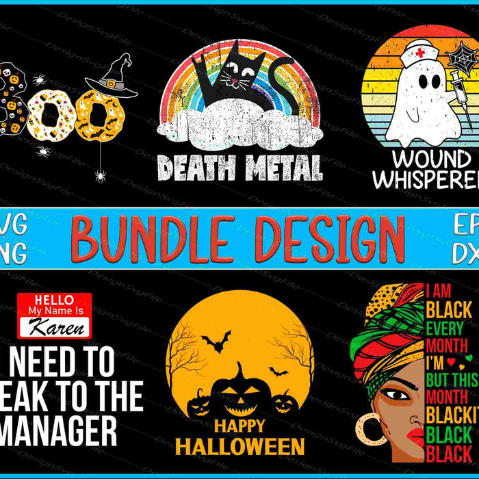 Collection of Halloween-themed designs with text and graphics on a black background.