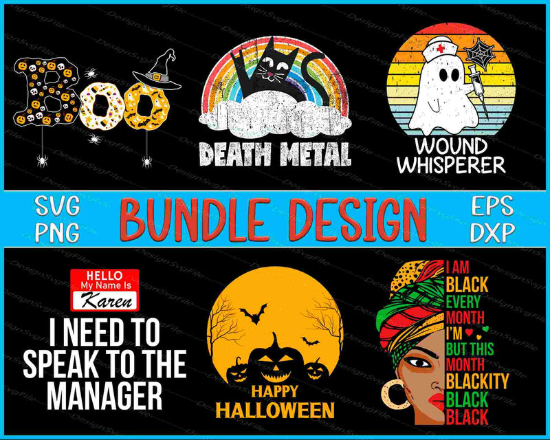 Collection of Halloween-themed designs with text and graphics on a black background.