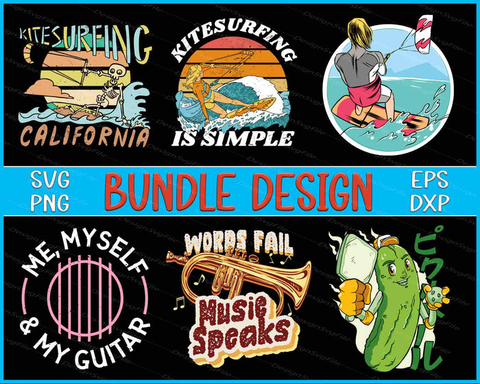 Collection of kitesurfing-themed graphics with text and illustrations on a black background.