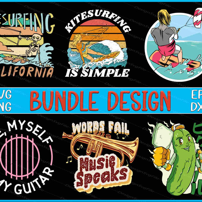 Collection of kitesurfing-themed graphics with text and illustrations on a black background.