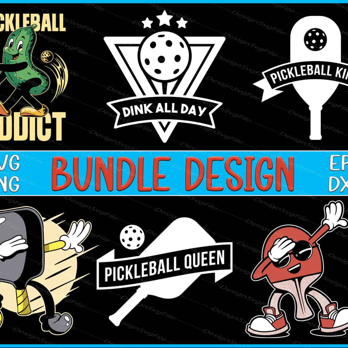 Collection of pickleball-themed graphics and text on a black background