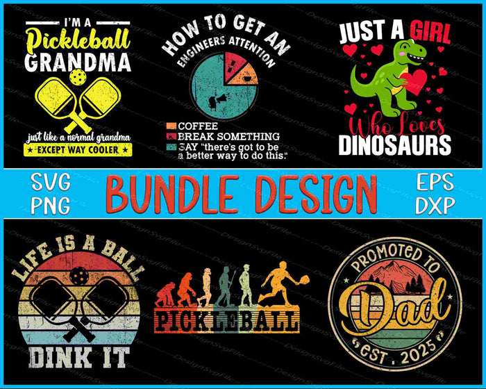 Collection of pickleball-themed designs with text and graphics on a black background.