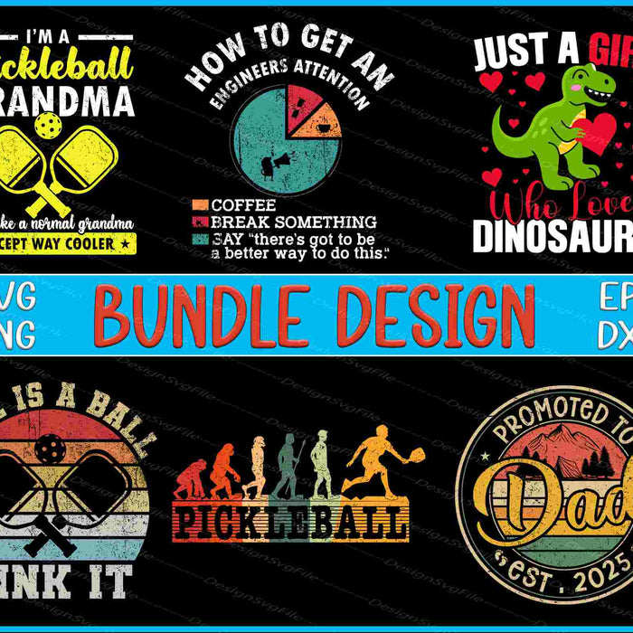 Collection of pickleball-themed designs with text and graphics on a black background.