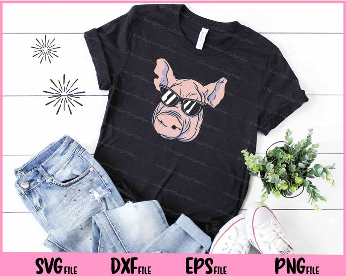 Cartoon pig with sunglasses and a surprised expression, along with other graphics and text on a black background.