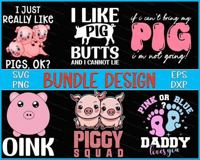 Collection of pig-themed designs with text and graphics on a black background.