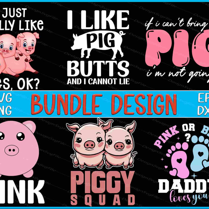 Collection of pig-themed designs with text and graphics on a black background.