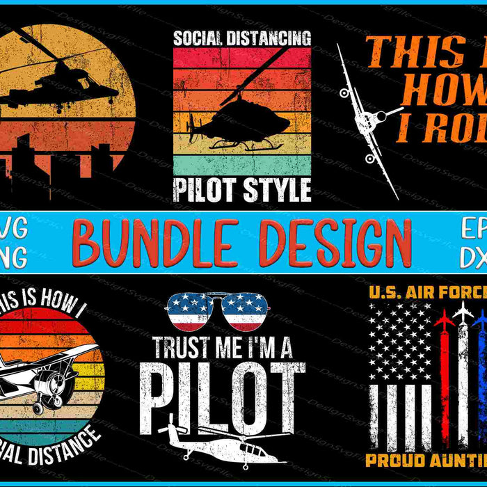 Collection of pilot-themed graphics and text on a black background