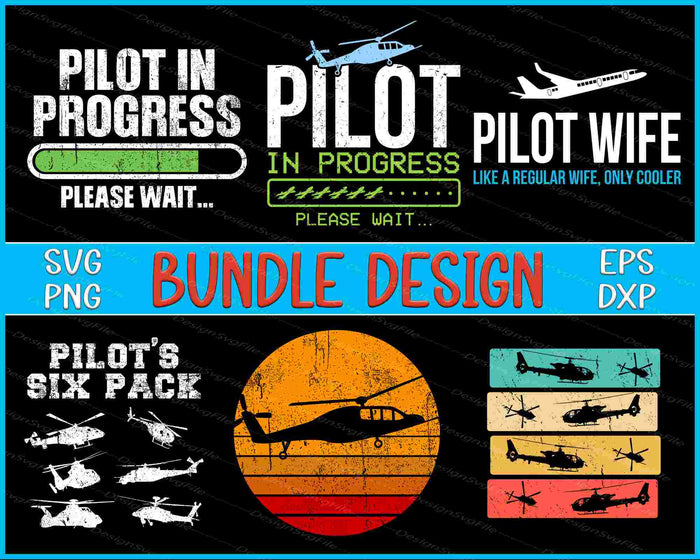 Collection of pilot-themed graphics and text on a black background with colorful elements.