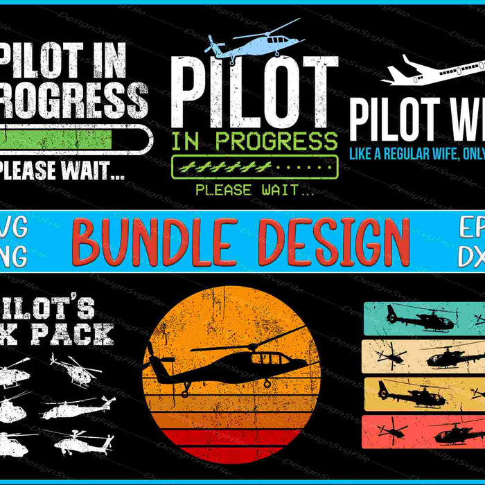 Collection of pilot-themed graphics and text on a black background with colorful elements.