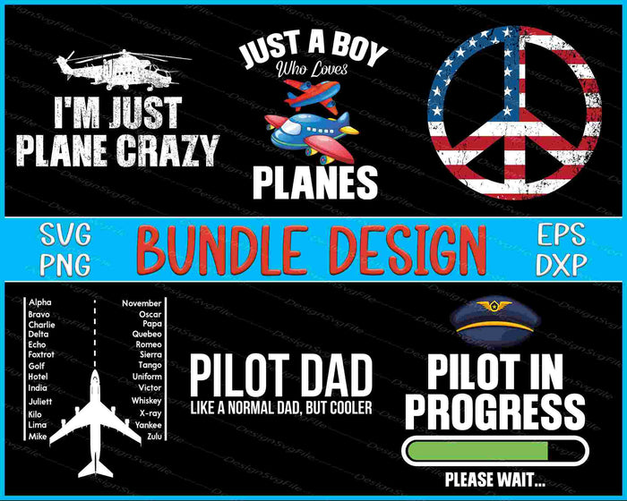 Collection of aviation-themed graphics and text with a peace symbol, airplane, and helicopter on a black background.