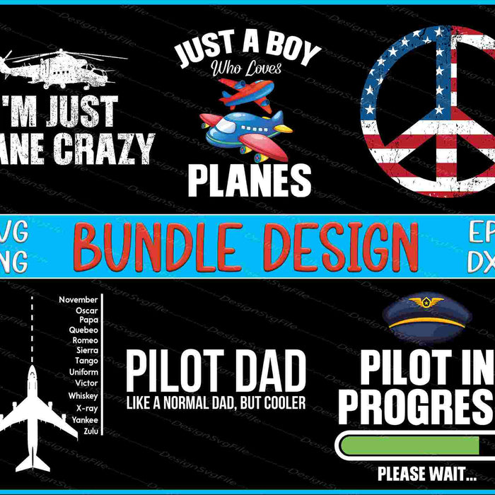 Collection of aviation-themed graphics and text with a peace symbol, airplane, and helicopter on a black background.