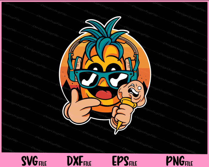 Collection of cartoon illustrations including a pineapple, pizza, plant, and rabbit with text indicating SVG, PNG, EPS, and DXF bundle design.