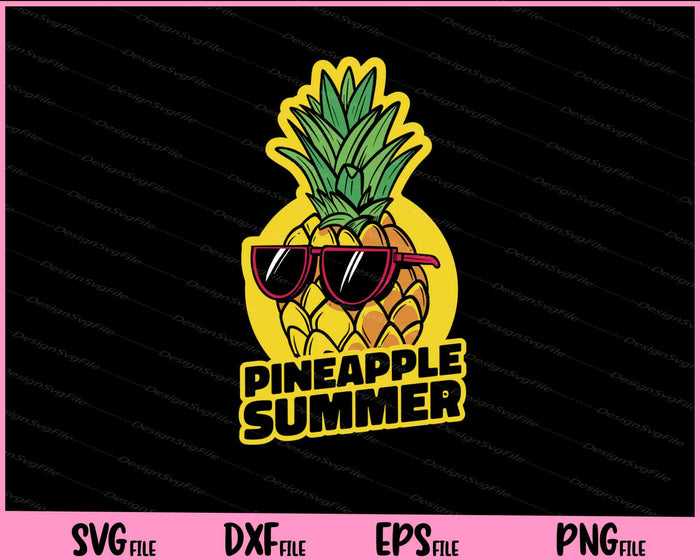 Collection of cartoon illustrations including a pineapple, pizza, plant, and rabbit with text indicating SVG, PNG, EPS, and DXF bundle design.