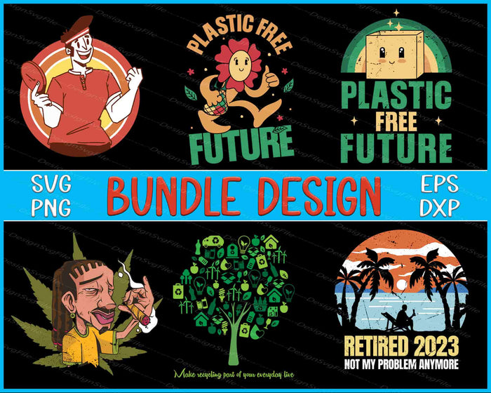Collection of 'Plastic Free Future' and other design illustrations with text on a black background.