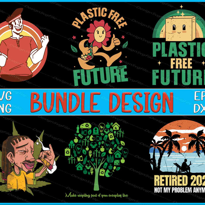 Collection of 'Plastic Free Future' and other design illustrations with text on a black background.