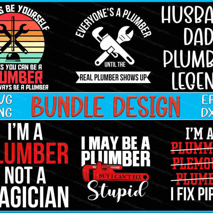 Collection of plumber-themed designs with text and graphics on a black background.