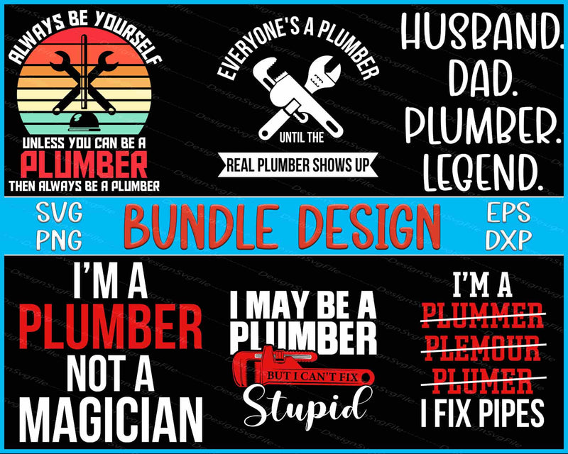 Collection of plumber-themed designs with text and graphics on a black background.
