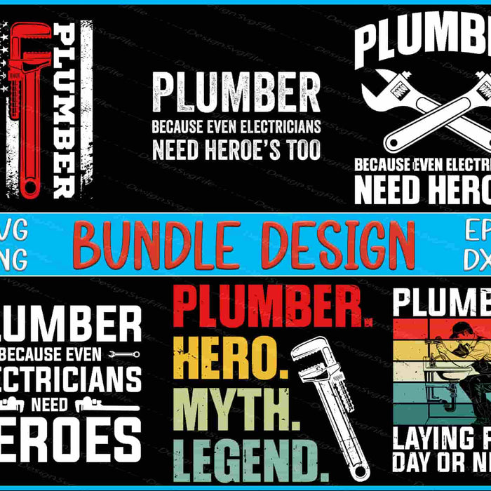 Collection of plumber-themed graphics and text with various design styles on a black background.