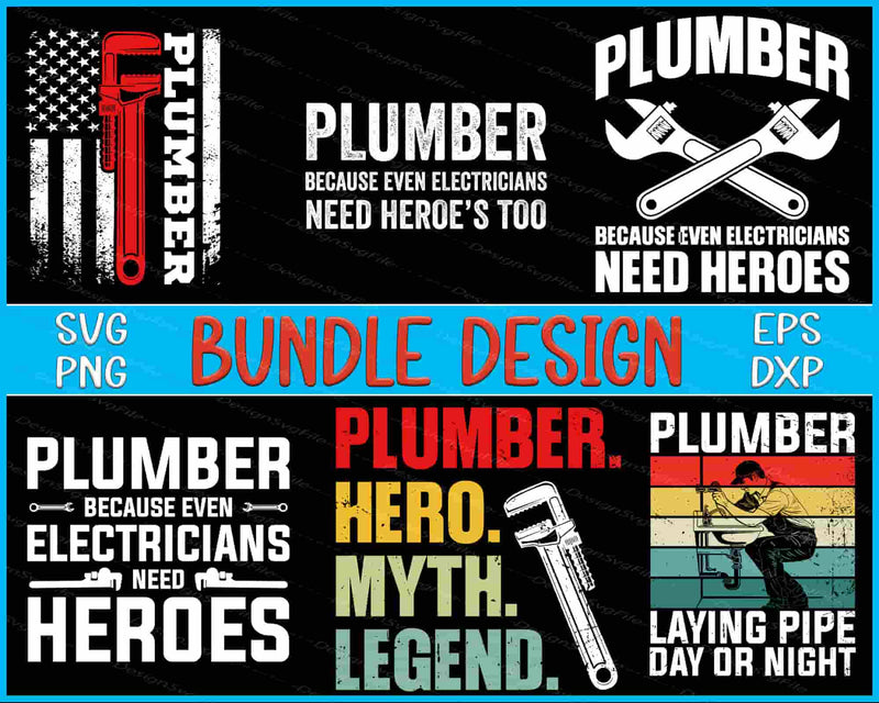 Collection of plumber-themed graphics and text with various design styles on a black background.