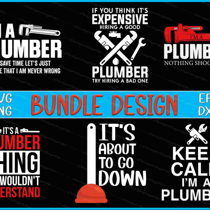 Collection of plumber-themed designs with text and tools on a black background.