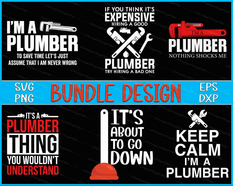 Collection of plumber-themed designs with text and tools on a black background.