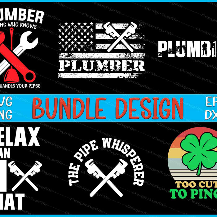 Collection of plumbing-themed graphics and text on a black background
