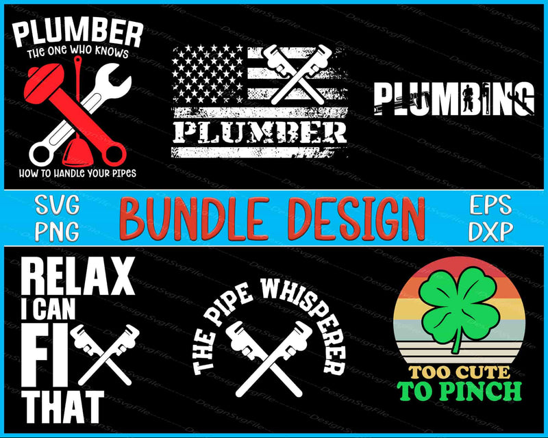 Collection of plumbing-themed graphics and text on a black background