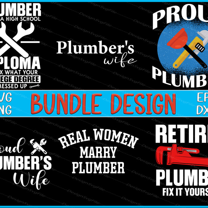 Collection of plumber-themed designs with text and graphics on a black background.