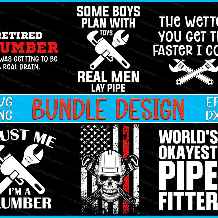 Collection of plumber-themed designs with text and tools on a black background.