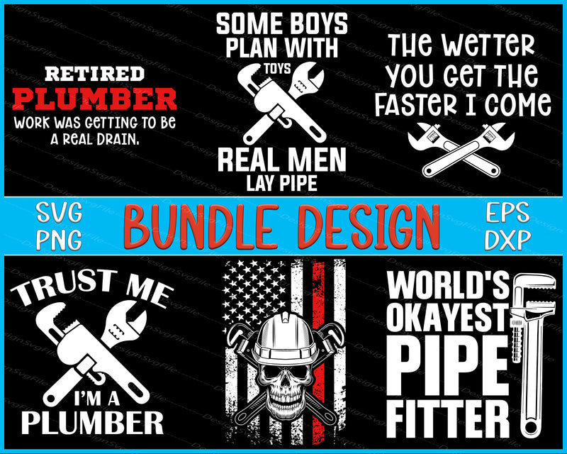 Collection of plumber-themed designs with text and tools on a black background.