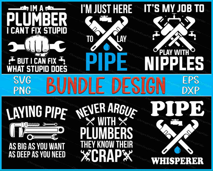 Collection of plumber-themed sayings and graphics with tools on a black background.