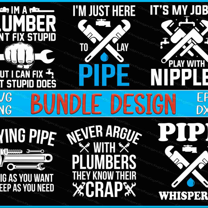 Collection of plumber-themed sayings and graphics with tools on a black background.