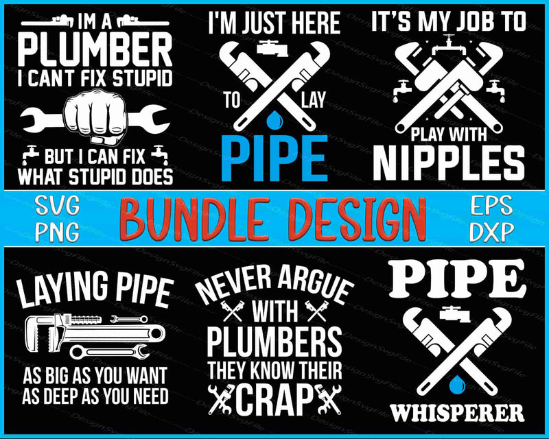 Collection of plumber-themed sayings and graphics with tools on a black background.