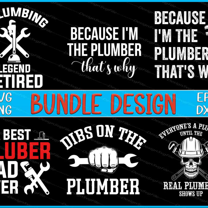 Collection of plumbing-themed designs with text and icons on a black background.