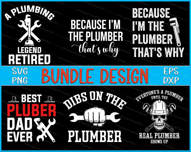 Collection of plumbing-themed designs with text and icons on a black background.